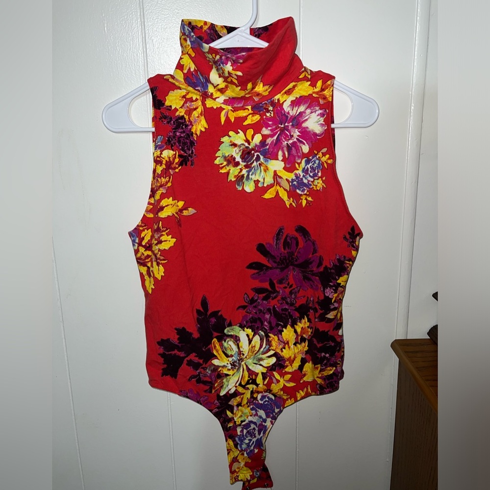 Free People Sz M Floral Bodysuit Women Mock Neck Sleeveless Keyhole Back